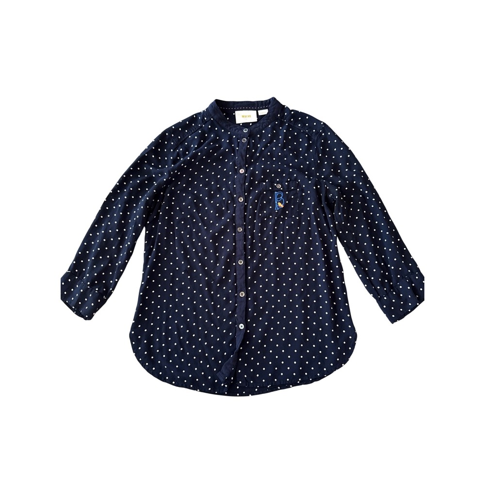 Maeve Womens Boho Polka Dot Button Down Shirt Long Sleeve XS Navy Blue Casual